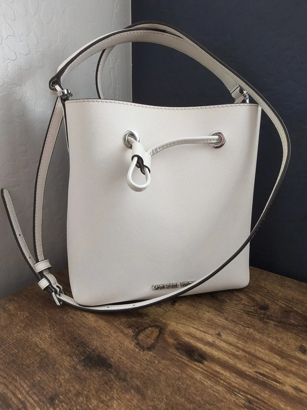 Michael Kors White Leather Drawstring Bucket Bag